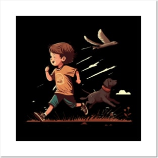 A Cute Boy Running WIth A Dog And Bird Posters and Art